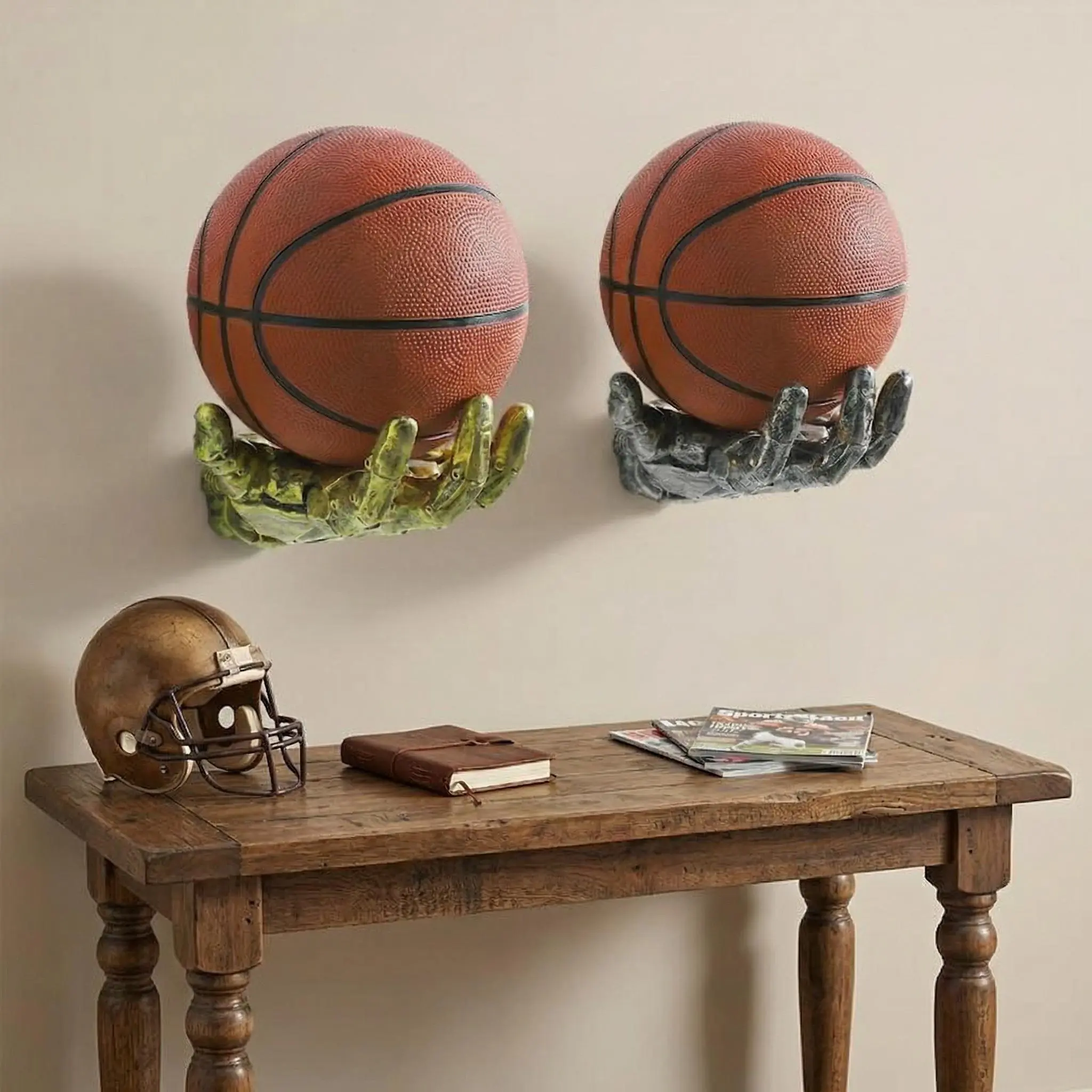 Antique Gold & Silver Single-Layer High-Quality Resin Hand-Shaped Wall-Mount Organizer - Basketball Display, Bedroom Storage Rack, Unique Gift for Basketball Enthusiasts, Home Decor Art Piece, Athlete, Collector