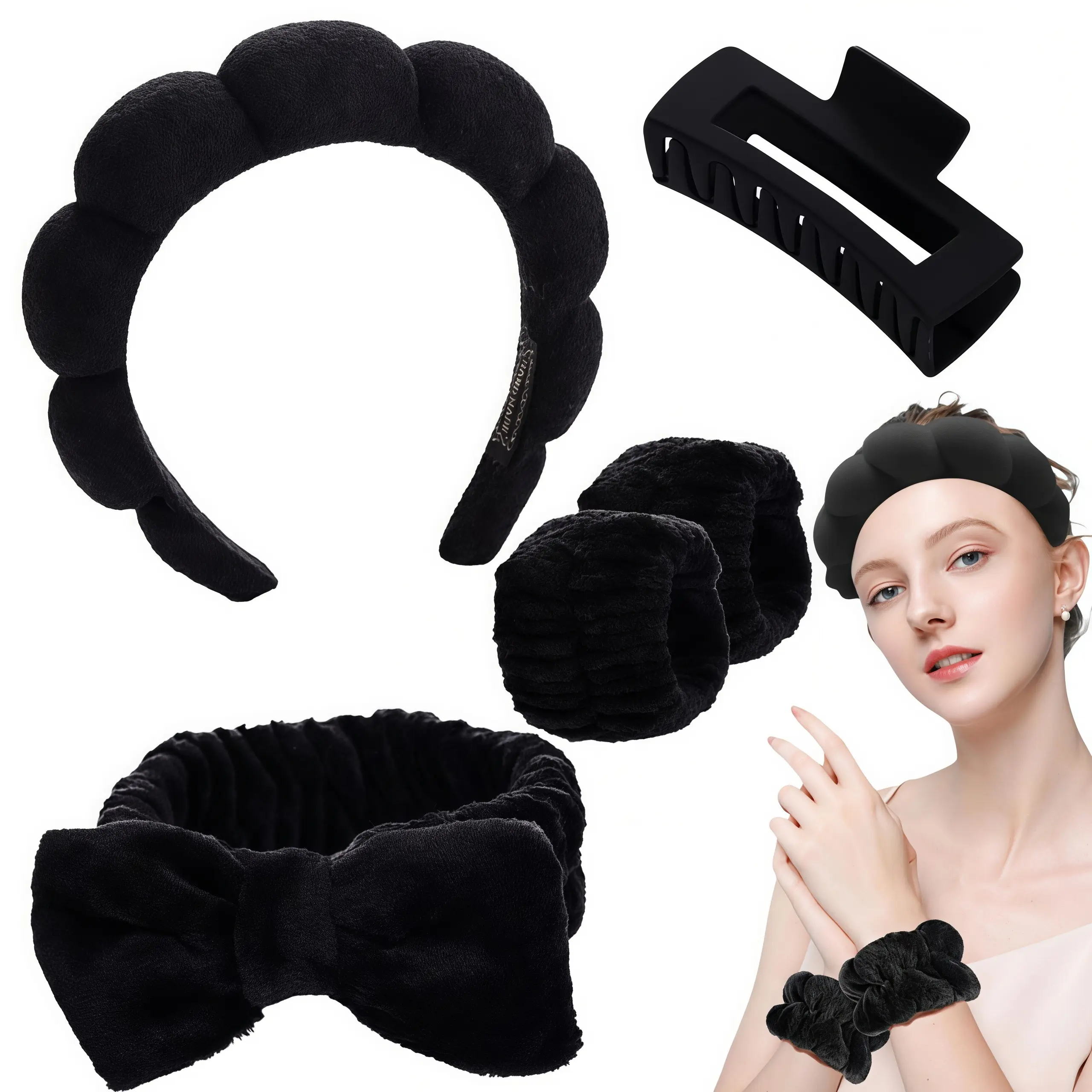 LMMAKE Women's Soft Puffy Terry Cloth Spa Headband & Wristband Set Pack - All 5-Piece Pink/Black Skincare Hair Accessories for Face Washing, Makeup Application (TikTok Shop Back to School), Pink Set, Black Set,back to school,back to school haul
