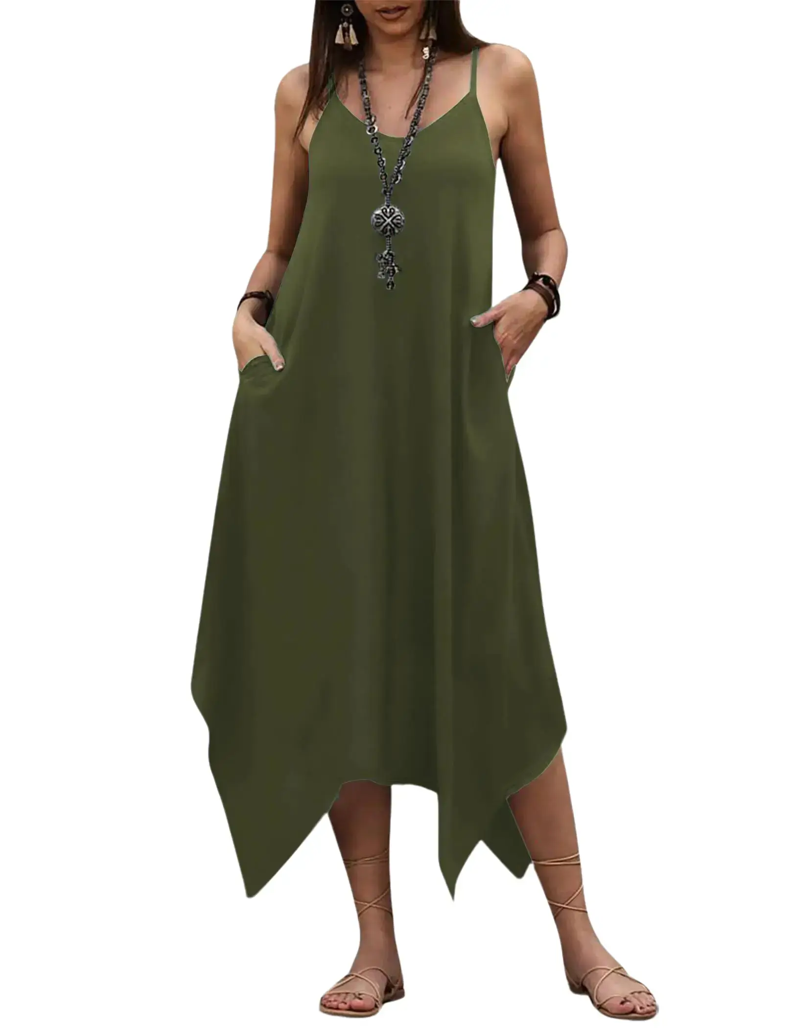 ZEAGOO Women's Summer Sleeveless Floral Spaghetti Strap Midi Dress Feminine Loose Hawaiian Bohemian Beach Cover-Up Solid Casual Party Dress with Pockets