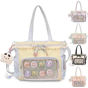 RIVERICH Kawaii Lolita Ita Bag, Clear Display Window Pleated Lace Shoulder Bag, Large Capacity Tote Crossbody Handbag for Anime Fans
