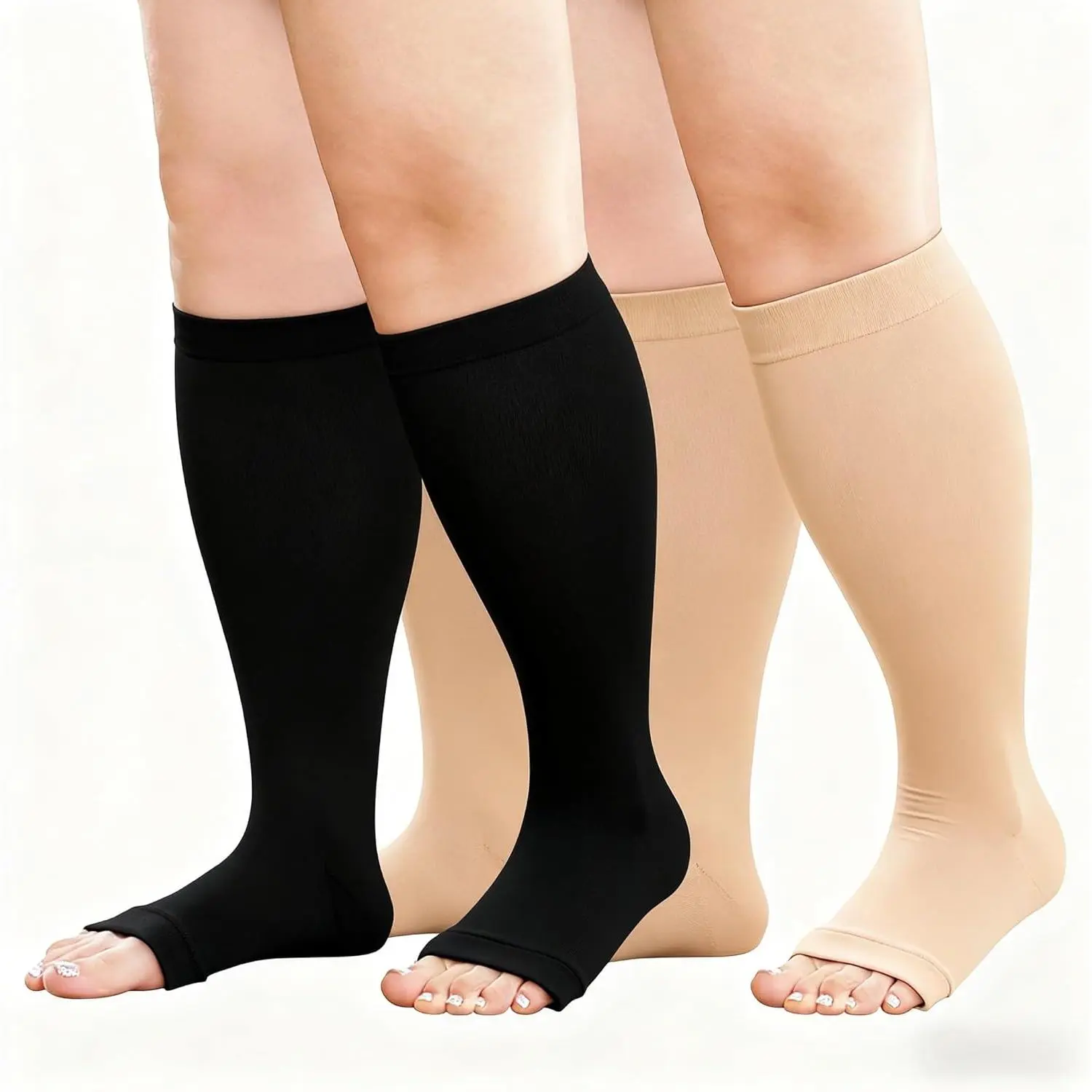 Plus Size Compression Socks: 2 Pairs Wide Calf Compression Toeless Stockings for Men Women - Open Toe 20-30 mmHg Compression Hose Support for Travel Nurses