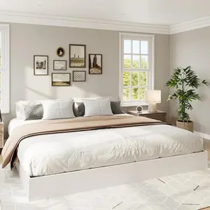 Wood Platform Bed with Sturdy Wooden Slats, King Size Floor-Standing Bed Frame, Modern Minimalist Design Bed Frame, No Box Spring Needed, White