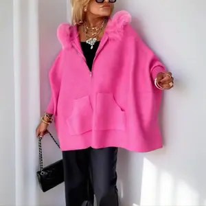 CELOT KEVER Autumn Winter Fashion Loose Pocket Zipper Large Fur Collar Woolen Hooded Coat