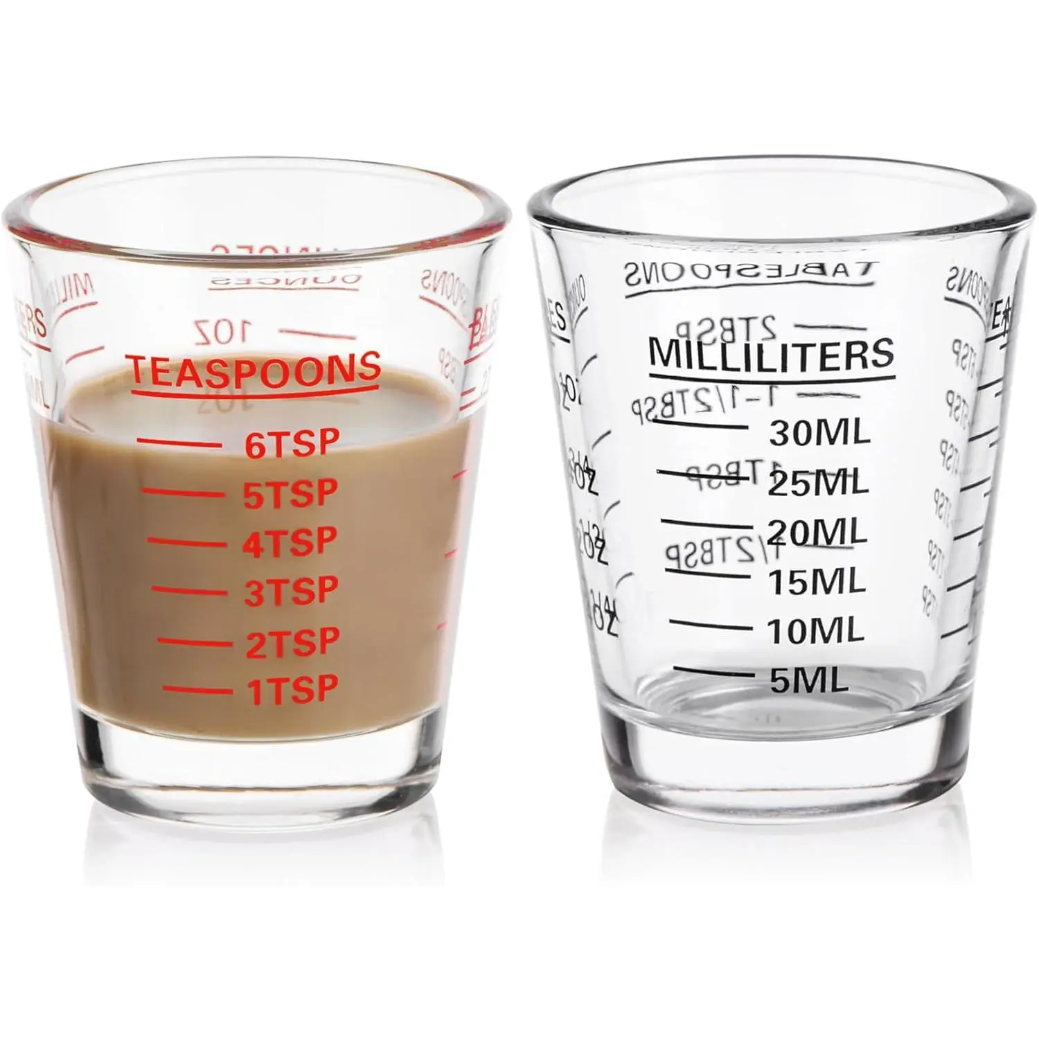 Measuring Cup Shot Glasses 2PACK Espresso Shot Glasses Liquid Heavy Glass 26-Incremental Measurement 1 OZ, 2 TBS, 6 TSP, 30 ML Kitchen Tools (Red&BLACK)