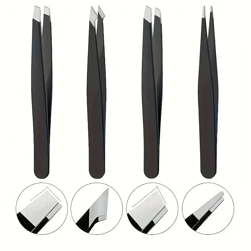 Matte Black 4-Pack Precision Stainless Steel Tweezers Set - Ergonomic Handle, Compact Beauty Care Tool, Cosmetic Tool for Eyebrow Styling Kit, Facial Care Hair Removal (Home Supplies Party Gift)