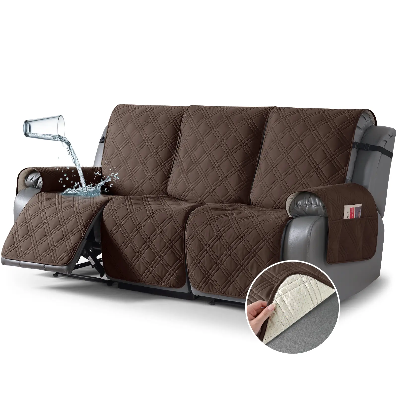 TAOCOCO 3-Seater 100% Waterproof Split Recliner Sofa Cover, Durable 3-Piece Couch Cover for Sofa with Elastic Straps, Washable Non-Slip Furniture Protector for Kids, Pets, Households