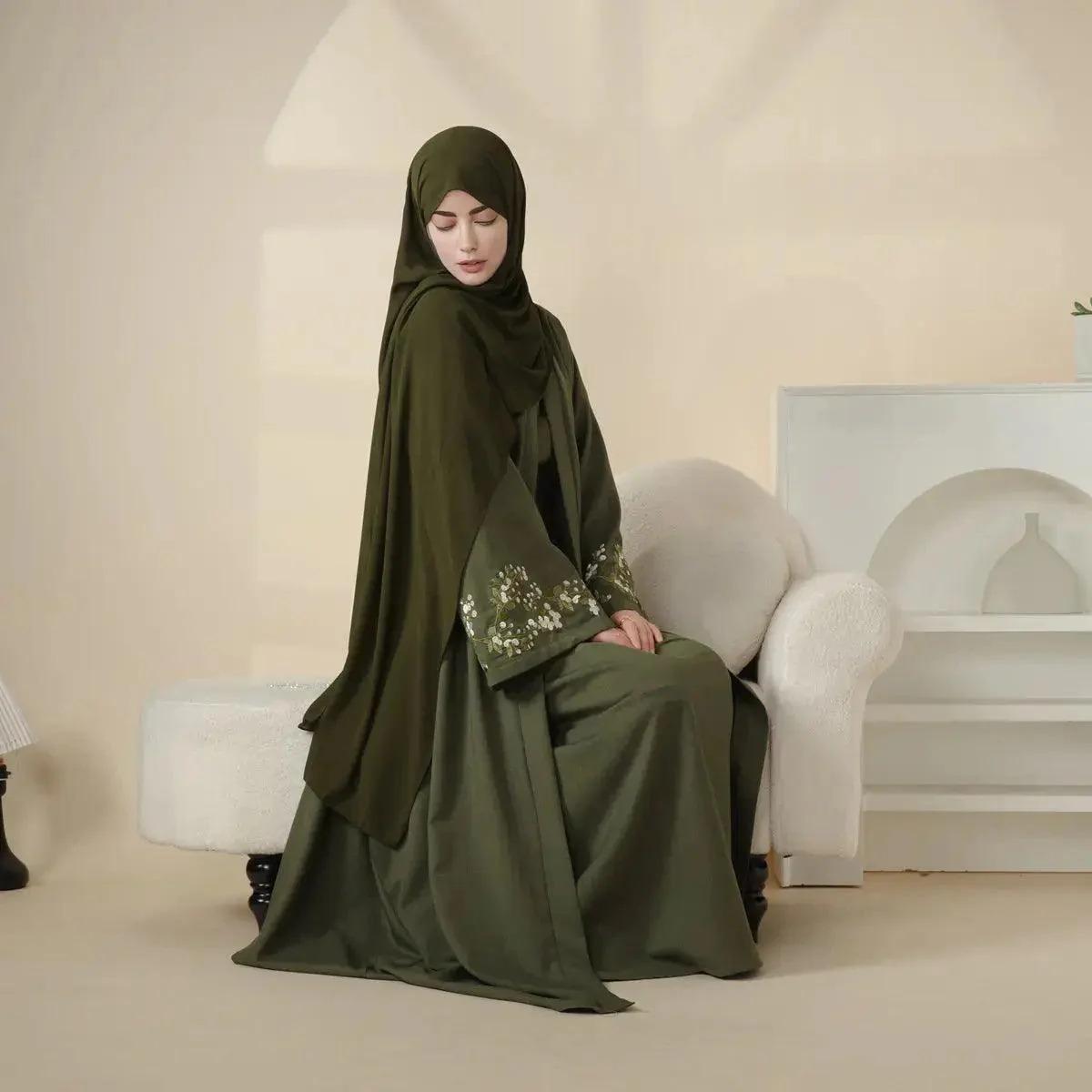 Olive Branch Embroidered Linen Abaya Set | 4-Piece Handmade Design | Jasmine & abaya coats | Symbol of Peace & Resilience | Includes Open Abaya, Inner Dress, Hijab, Belt | Modest Fashion | Full-Length, Wide Sleeves | Perfect for Weddings elega