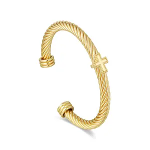 Aprilery Twisted Cable Cross Bangle – Radiant Tone Open Cuff Bracelet with Classic Rope Texture and Cross Accent