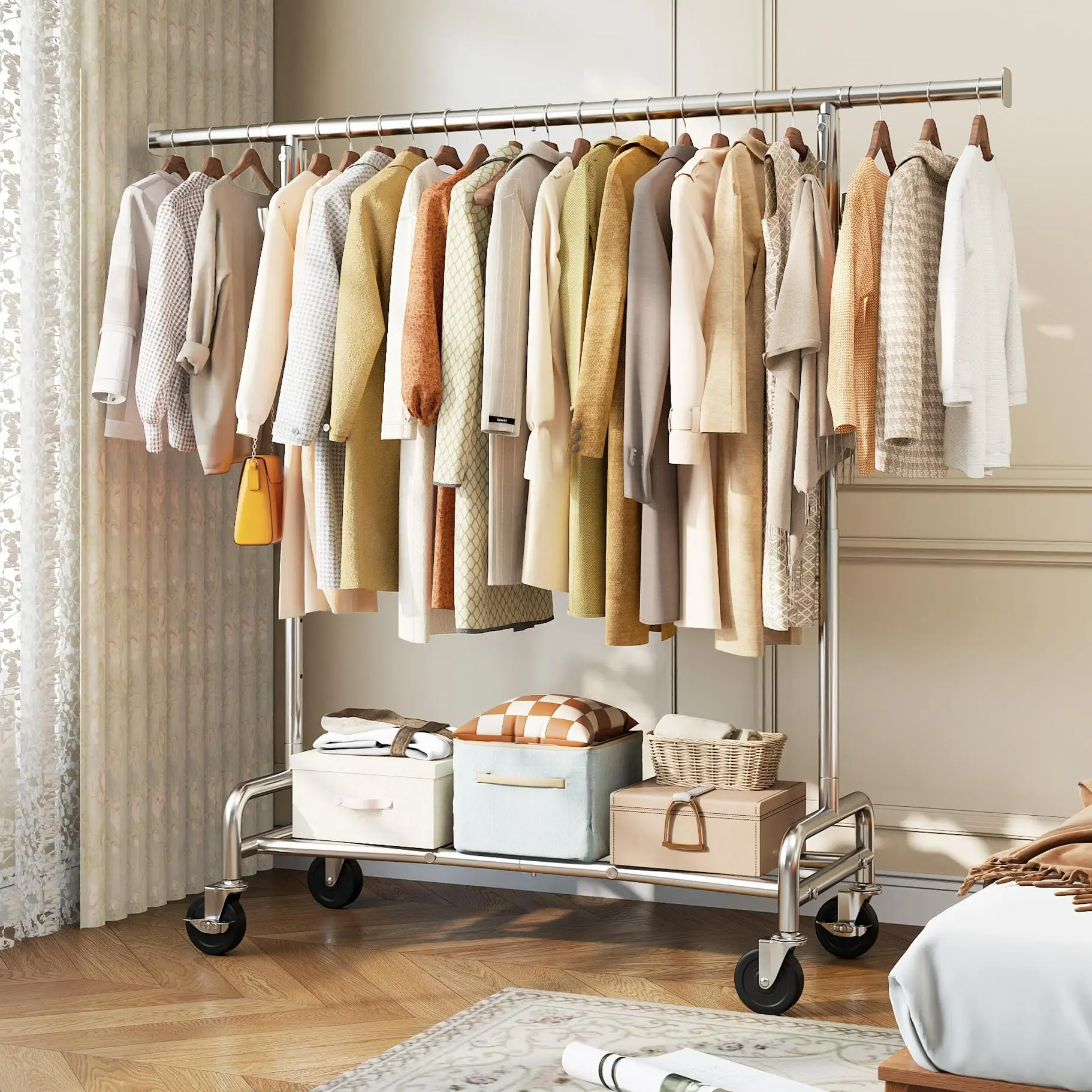 Raybee Furniture 75" Clothes rack for hanging Clothing Rack with Hooks, Extendable & Height Adjustable Coat Rack, Heavy Duty Clothes Racks Holds Up to 220LBS, Portable Rolling Garment Rack with Lockable Wheels & 4 Hooks, Chrome