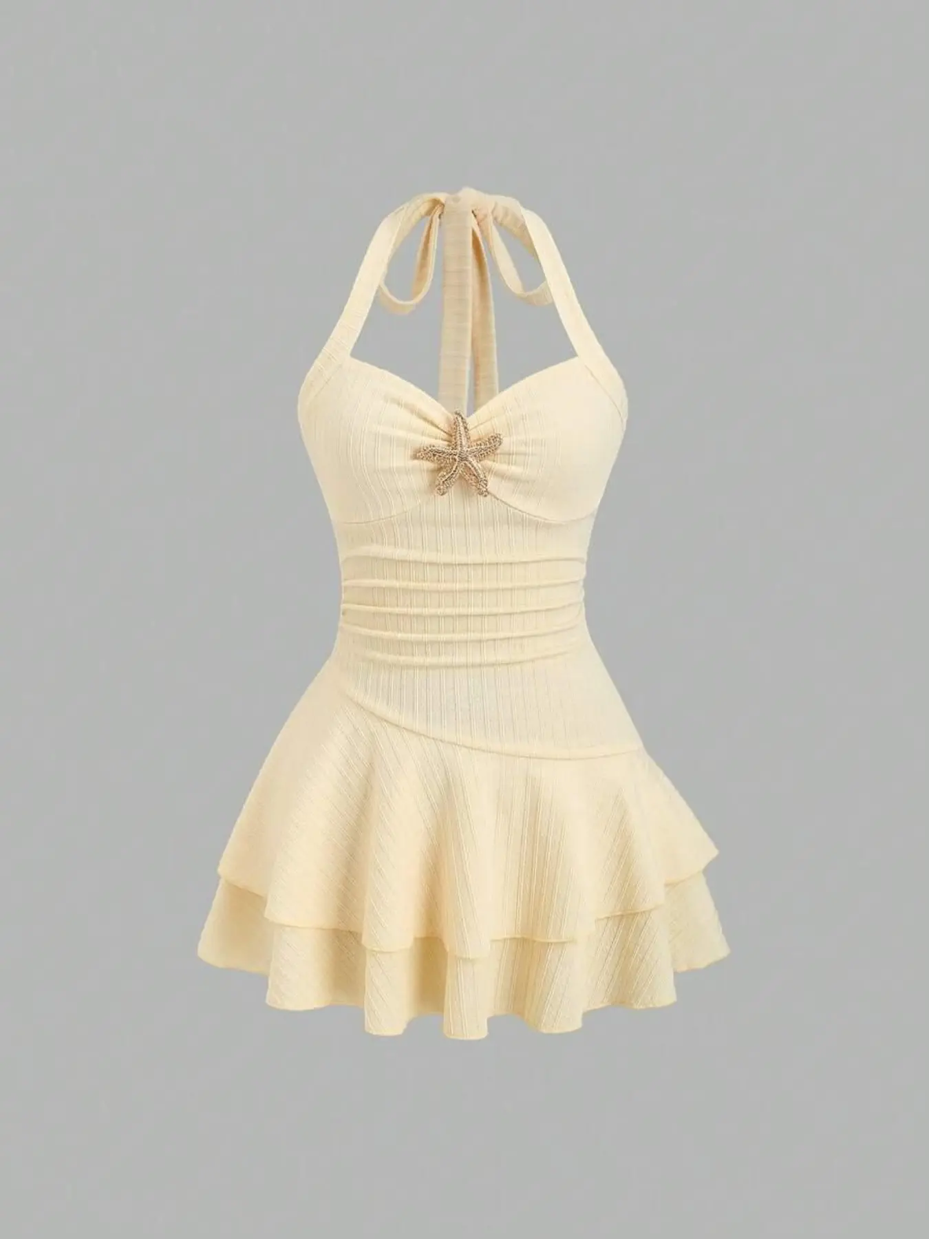 Women's New Elegant Summer Embellished Dress, Cute Style Sleeveless Halter Neck Ruched Dress for Beach & Vacation, Comfortable Fabric, Starfish Metal Charm, Layered Hem, Playful Mini Dress