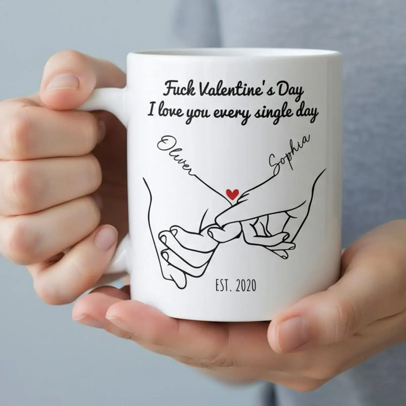Personalized Names & Date Coffee Ceramic Mug, Custom Couple Holding Hands Mug, Hand Sketch Design Gift for Valentine's Day