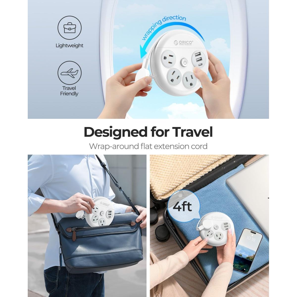 ORICO Travel Power Strip, Travel Essentials, Travel Extension Cord with 3 Outlets 3 USB Ports, 4FT Wrapped Around Extension Cord for Travel Cruise Ship Beach Vacation Essentials White-OR