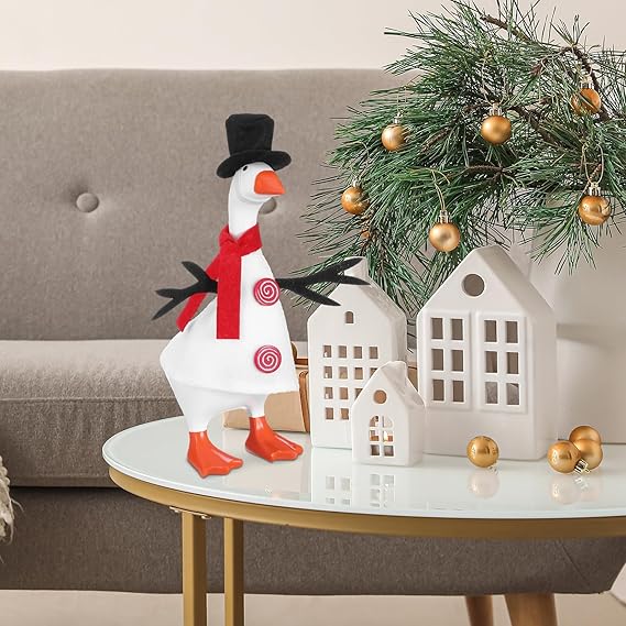 4 Sets Christmas Mini Desk Goose Outfit 7 Inch Magnetic Silly Goose Statue Christmas Tree Elk Costume with Mini Headwear and Felt Clothing Keychain Clothes Costume for Table Duck Desk Key Holder Decor