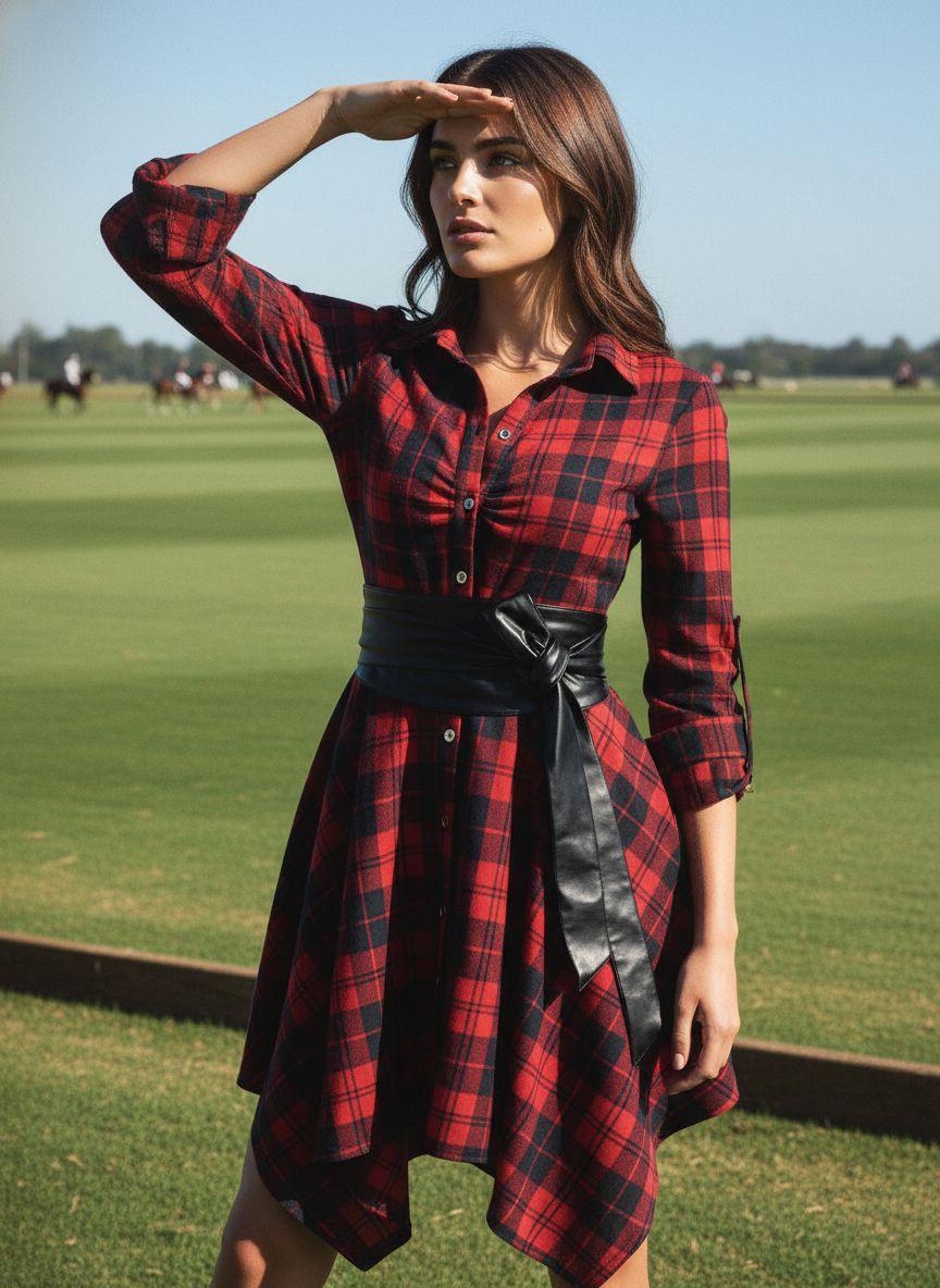 1950S 3/4 Sleeve Plaid Belt Dress Casual Outfits Women Collared Black Vintage Check Leather Womenswear