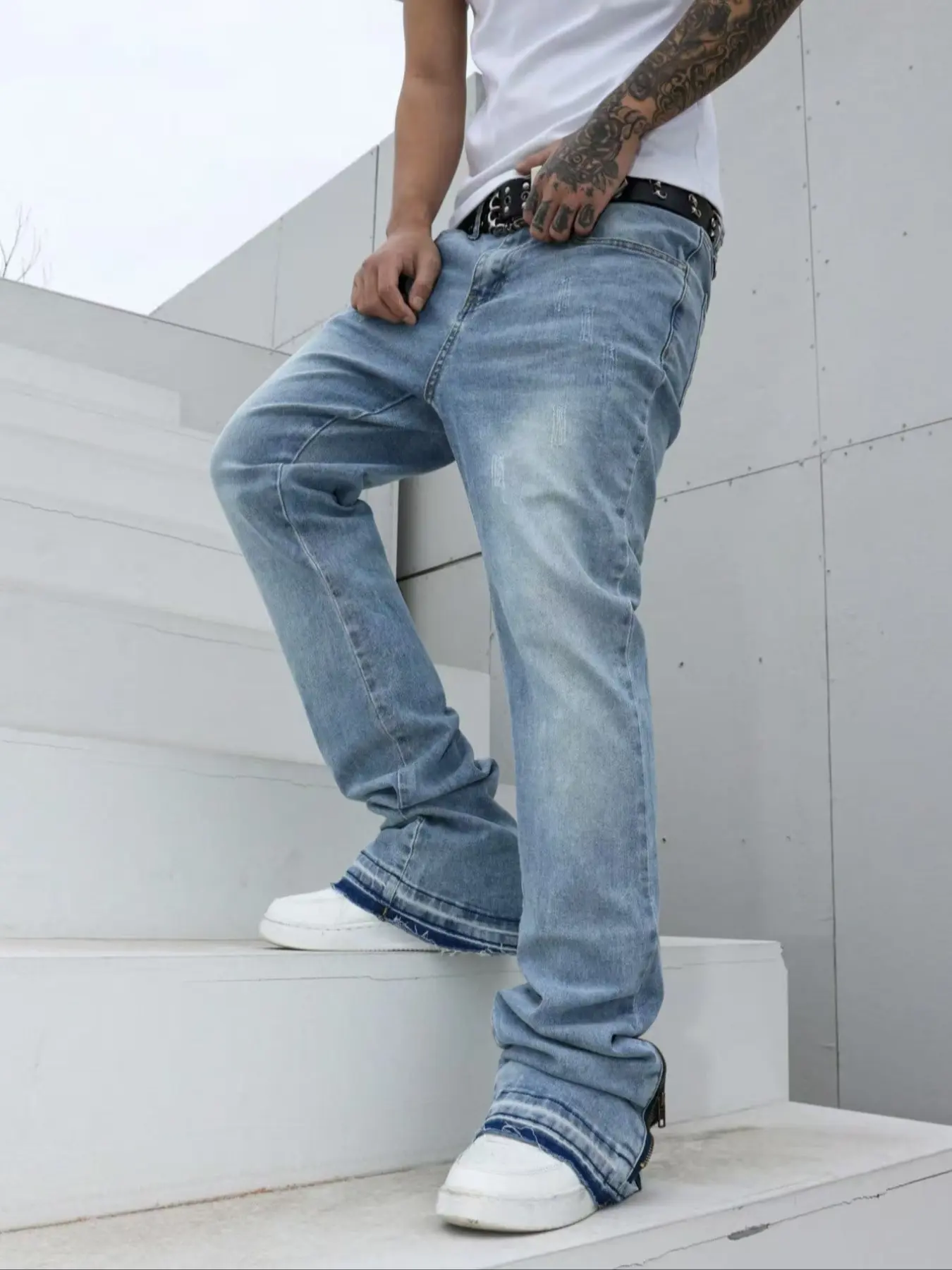 Men's Light Blue Flare Jeans, Flared Leg Jeans, Slim Fit Bootcut Denim Pants with Zipper Hem, Vintage Washed Distressed Ripped Frayed Design Streetwear Jeans, Casual High Waisted Boot Cut Jeans with Frayed Raw Edge, Flared Denim Pants