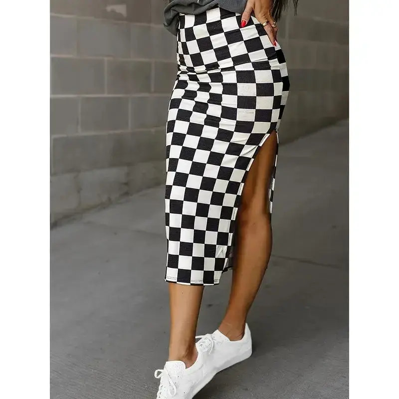 Women's Elegant Timeless Checkered A-Line Midi Lady Skirt - Slimming Casual Clothes, Black, Side Slit, Machine Washable, Autumn Female Skirt Bottoms, Crew Neck Piece, Everyday Tops Compatible, A-Line Cut