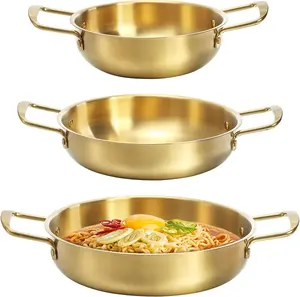 3 Korean Ramen Noodle Pot with Handles, Stainless Steel Everyday Pan, Golden Korean Cooking Pot for Soup, Noodle, Pasta, Home and Outdoor, Dishwasher Safe, Size 7", 8.7", 9.5"