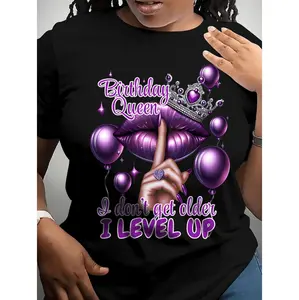 Highela Women's Birthday Queen Graphic T-Shirt - "I Don't Get Older I Level Up" Slogan with Lips & Crown  Style Streetwear