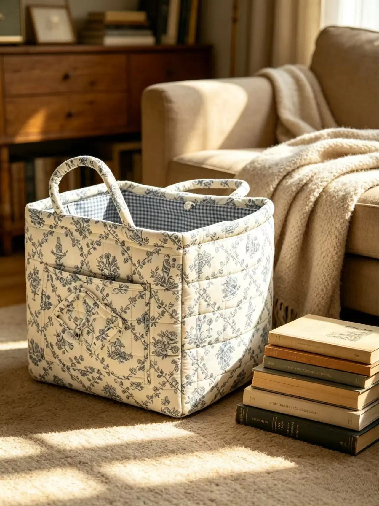 Vintage French Country Flower Quilted Eco-Friendly Collapsible Home Storage Organizer Basket, Foldable Household Organiser for Toys, Clothes, Summer Vibes Gift Item