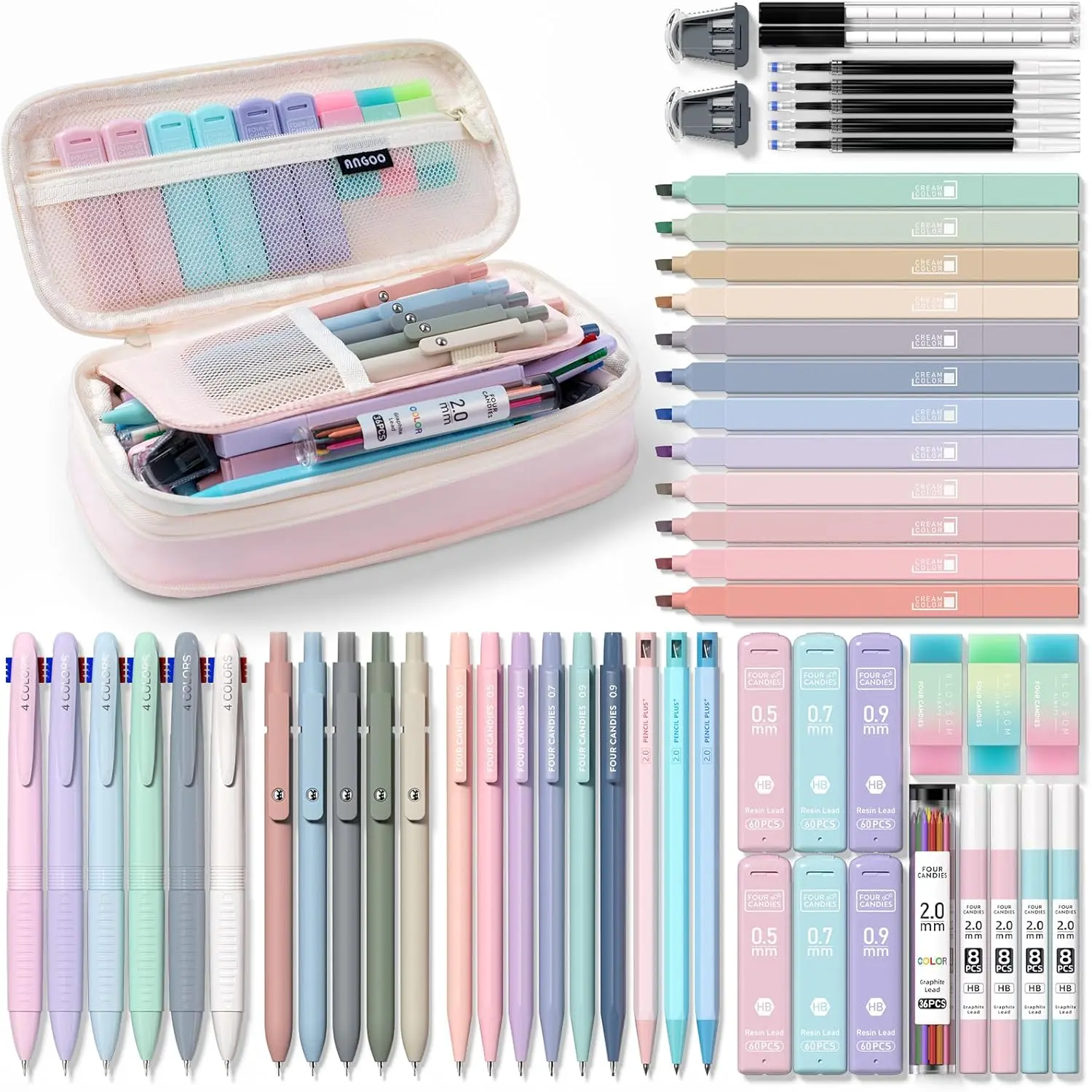 back to school shopping Four Candies 56PCS Aesthetic School Supplies with Cute Pencil Case,6 Multicolor Pens,12 Pastel Highlighters, 5 Black Ink Gel Pens, 9 Mechanical Pencils for Student Essentials,girly office supplies,Writing Stationery