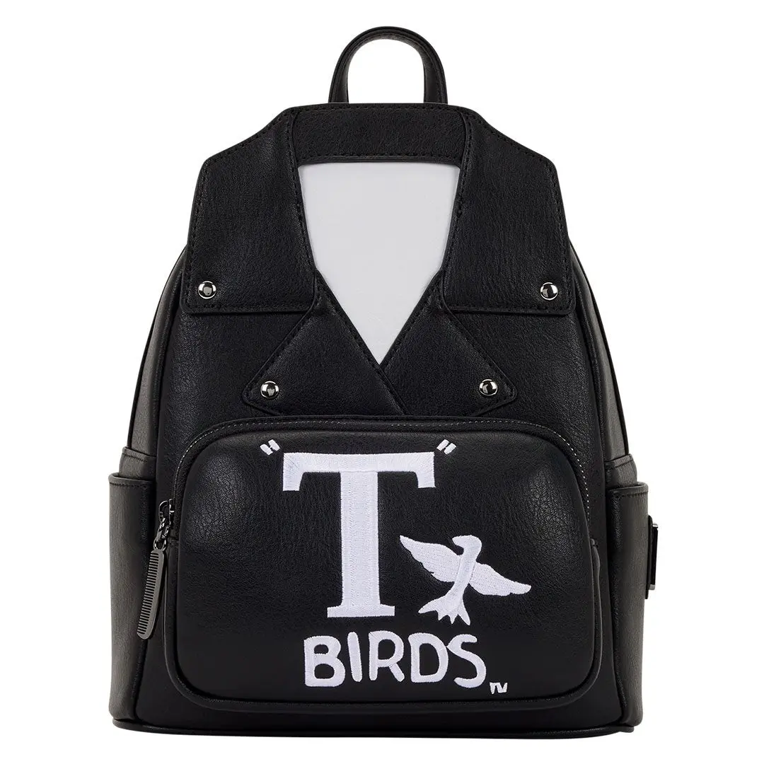 Loungefly Paramount Grease T-Birds Faux Leather Cosplay Mini Backpack with Applique and Molded Metal Zipper Charm, Embroidered, Collectibles, Leather Jacket, Casual Wear, 9” W X 10.5” H X 4.5” D, Metallic