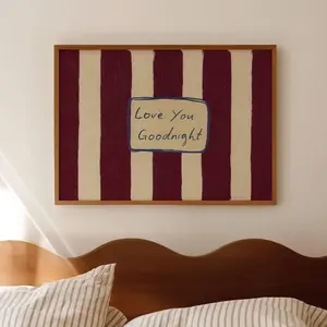 Love You Goodnight Bed Print, Horizontal Above Bed Wall Art, Retro Striped Stay in Bed Typography, Handwritten Mid Century Bedroom Poster Z