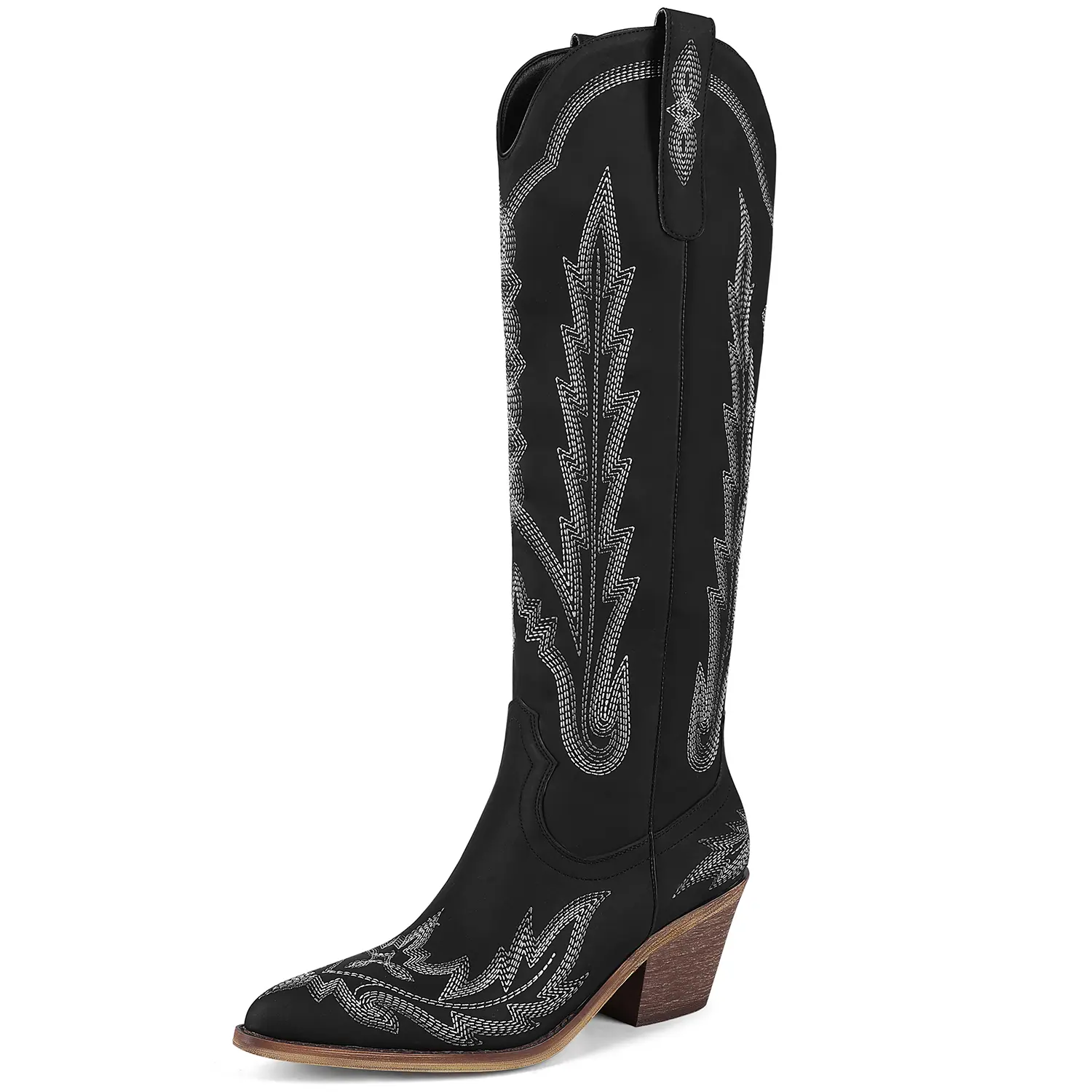 LOCERICH Women's Embroidered Knee-High Cowboy Boots, Pull On Statement Shoes with a Pointed Toe, Chunky Heel and Rubber Sole, Casual Wear, All Seasons, Western Elegance