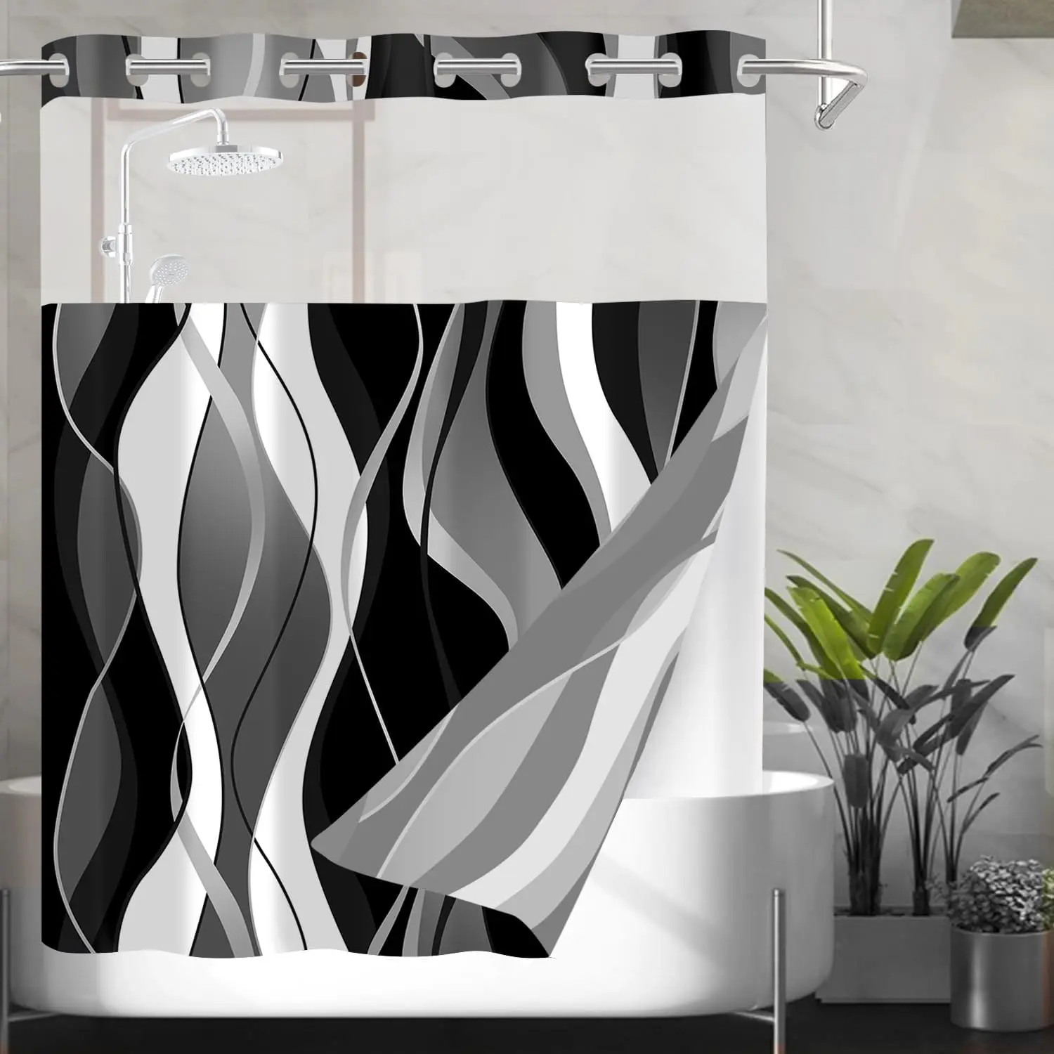 No Hook Shower and Liner Set for Black 71" x 74"| Black White Striped Shower with Snap in Liner Grey Set with See Through Top Window Washable