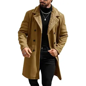 Runcati Mens Trench Coat Double Breasted Notched Collar Fleece Jacket Slim Fit Fall Winter Fuzzy Pea Coats Warm Overcoat