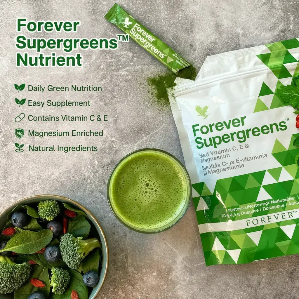 Forever Supergreens™ Forever Living Dietary Supplement - Daily Vegan Plant-Based Green Nutrition Powder with Spinach, Natural Ingredients, Vitamins C,E,Magnesium,Botanicals, Unflavored; Mix with 1 Serving of Water or Juice for Fitness Health Support
