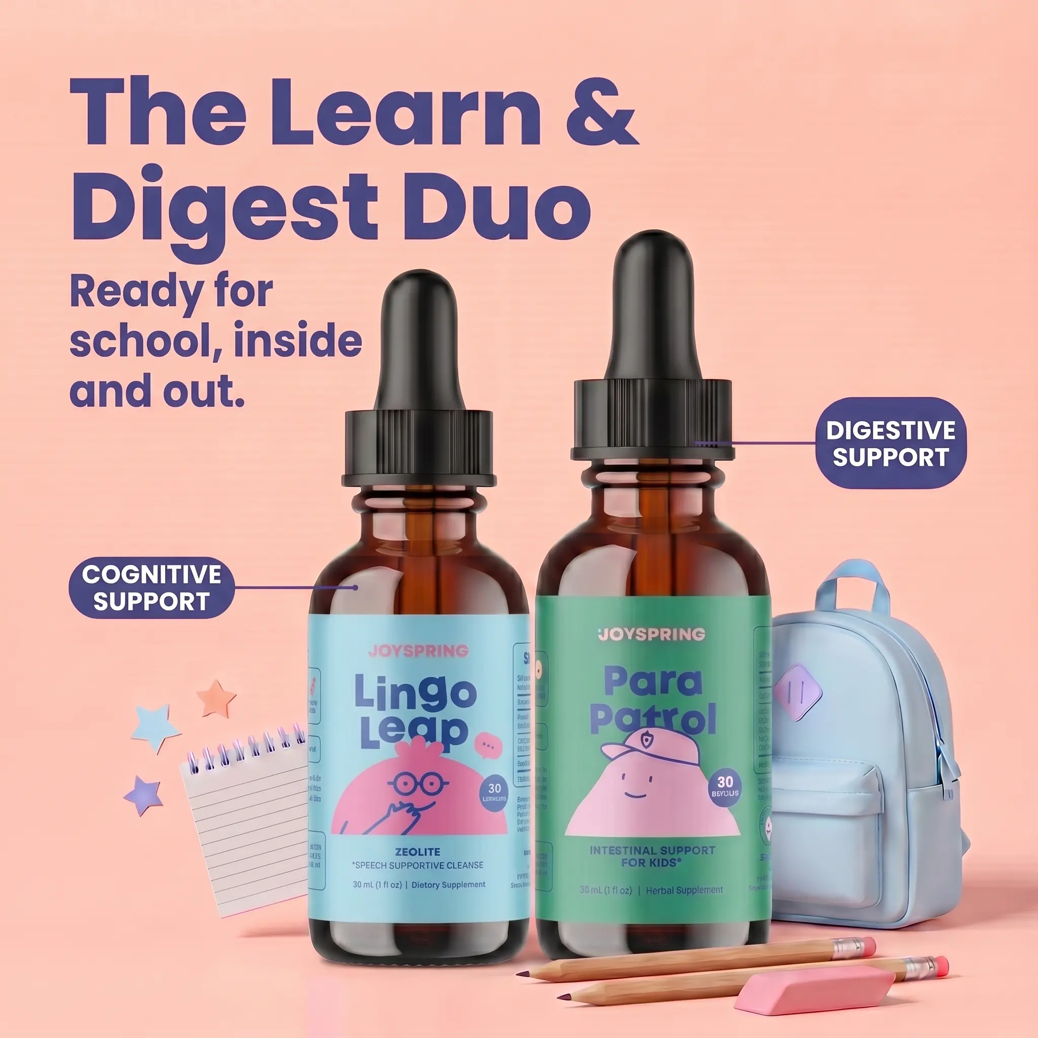 JoySpring Wellness Kit – ParaPatrol Natural Liquid Cleanse for Gentle Digestive Support + LingoLeap Zeolite Drops with B Vitamins for Learning & Speech Support Supplement