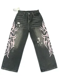 European and American trendy brand, American retro style, washed and distressed denim jeans with printed patterns for women, street hip-hop style, straight-leg casual pants.