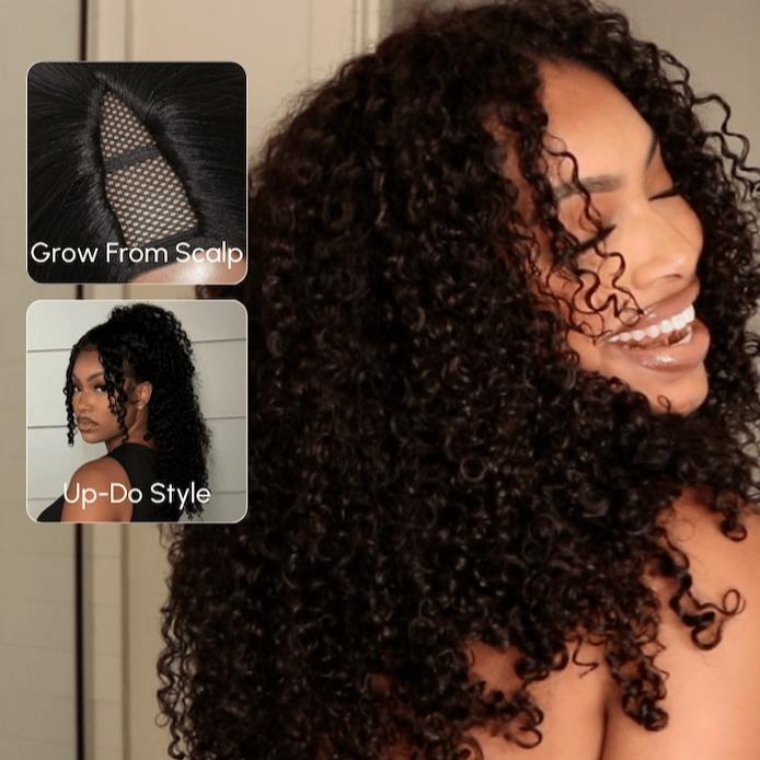 UNice EasiContour V Part Jerry Curly Wig Glueless Blend Natural Human Hair Wigs Beginner Friendly Natural Scalp Daily Using for Women SpringStatements