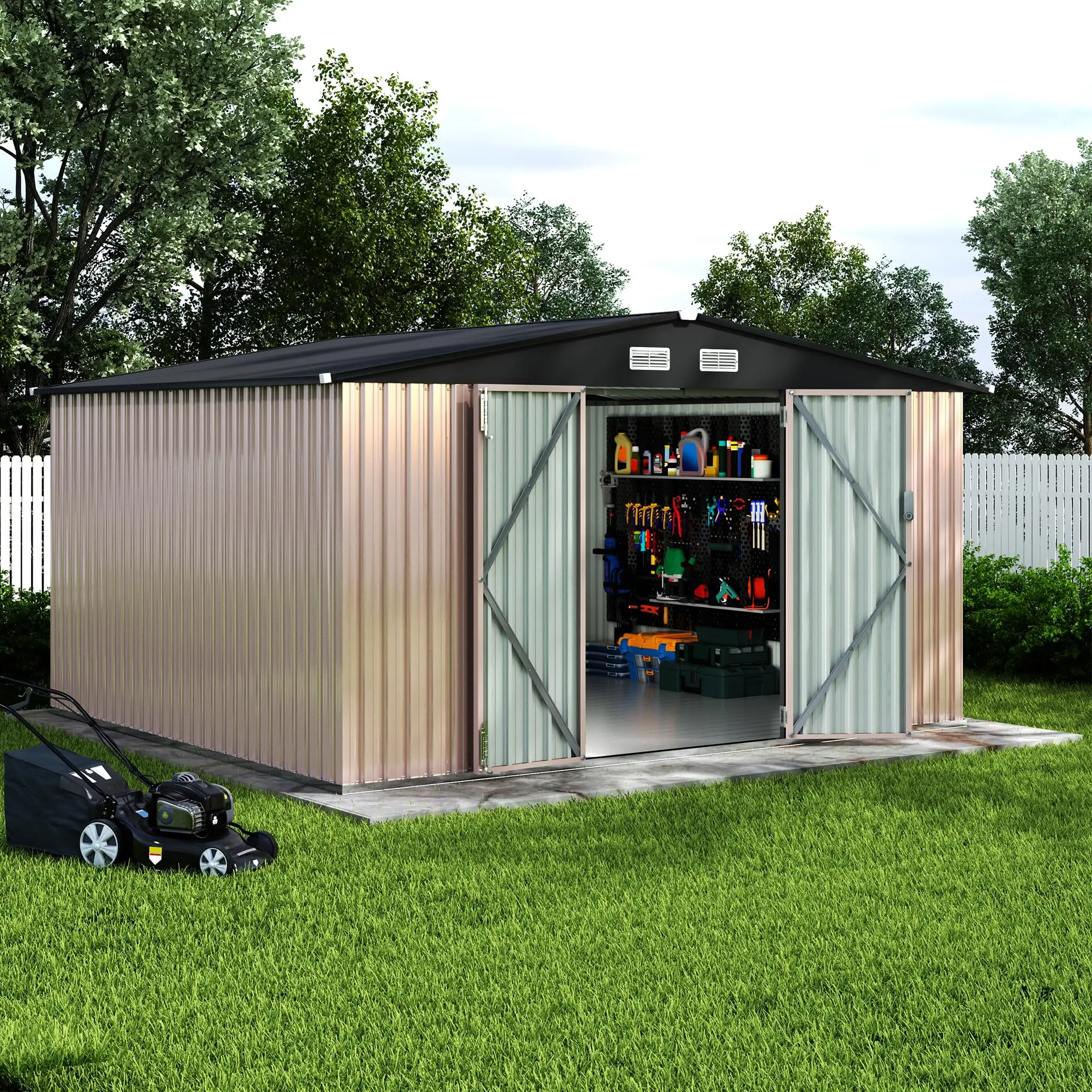 Gaomon 10x12ft Heavy Duty Steel Durable Garden Shed - Heavy Duty Shed, Rainproof Sunproof Roof, Lockable Door, Air Vent, Steel Frame Outdoor Furniture Sets, Assembly Guide, for Outdoor Patio & Backyard Setup