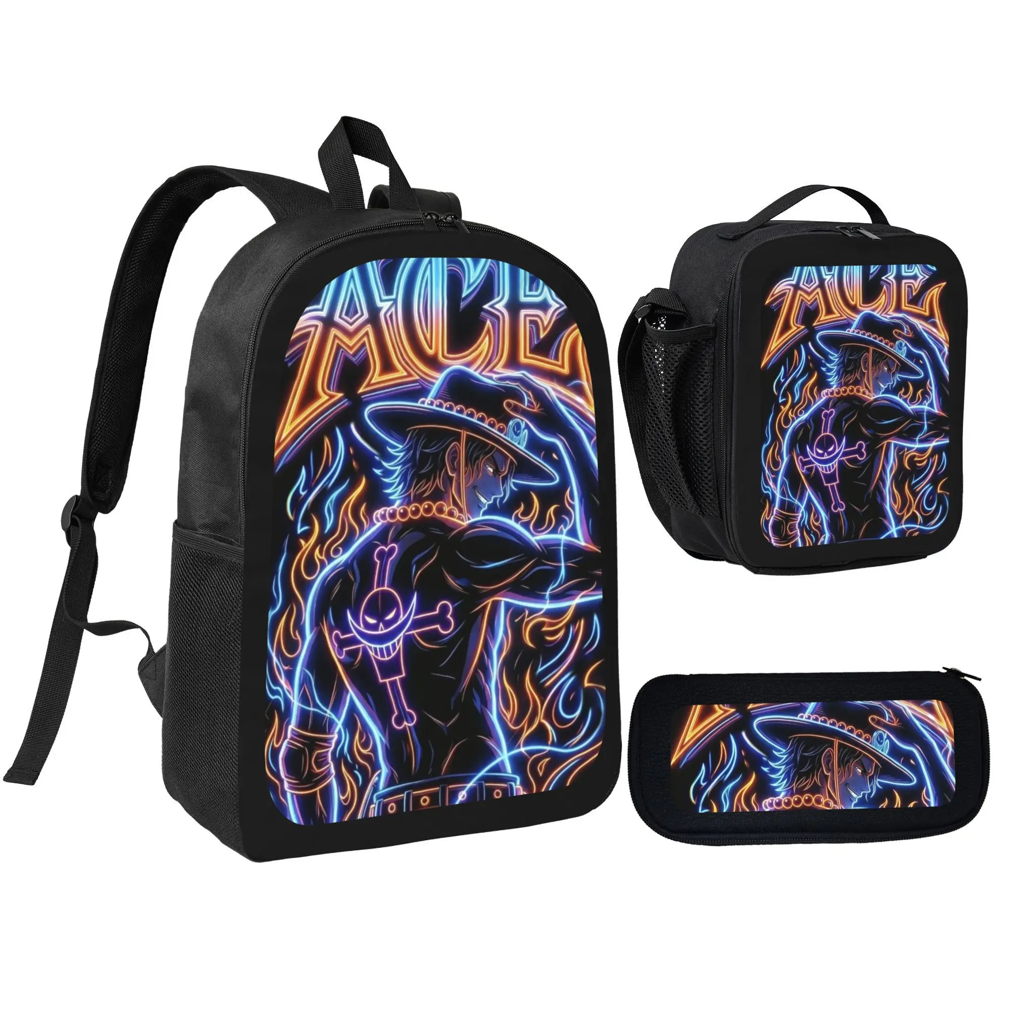 OnePiece Theme 3PCS School Backpack Set with Lunch Bag & Pencil Case, 600D Oxford Cloth Large-Capacity Bookbag for Teens, Lightweight Bag with Adjustable Straps & Comfortable Mesh Back