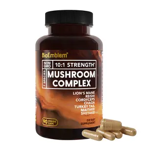 BioEmblem Mushroom Complex - 10:1 Strength and 7 Species - Lions Mane, Reishi, Cordyceps, Chaga, Maitake, Shiitake Mushroom Supplement Healthcare Dietary - Immunity, Energy & Focus, Brain - Non-GMO, Vegan - 90 Caps