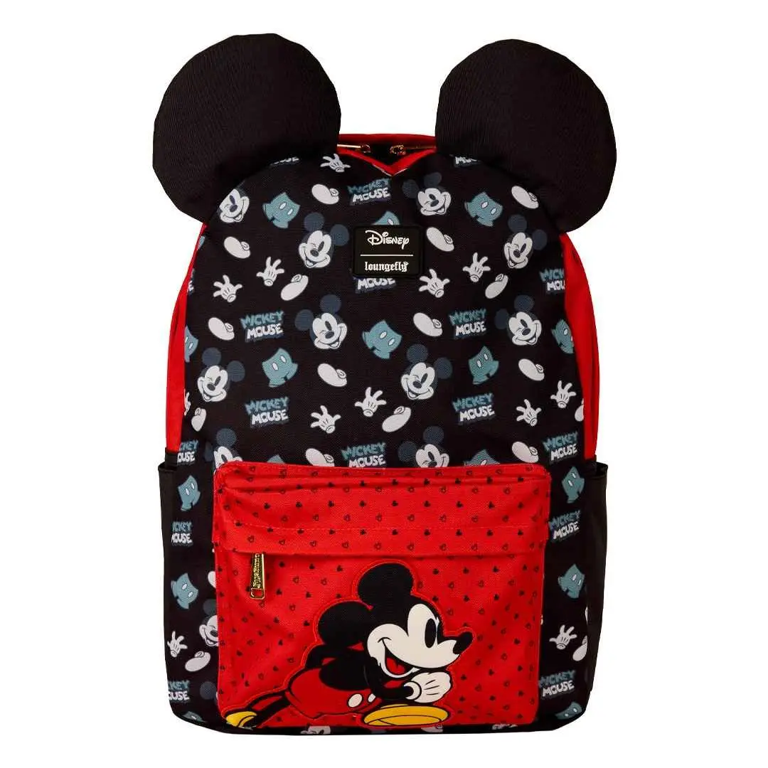 Loungefly Disney Mickey Mouse Lightweight Nylon Backpack, Casual All-Over Print with 3D Ears and Applique Details for Everyday Carry, Cute Backpack, Zip, Gloves, 11.5” W X 17” H X 5” D, Bag Design Backpack, Lightweight Backpack