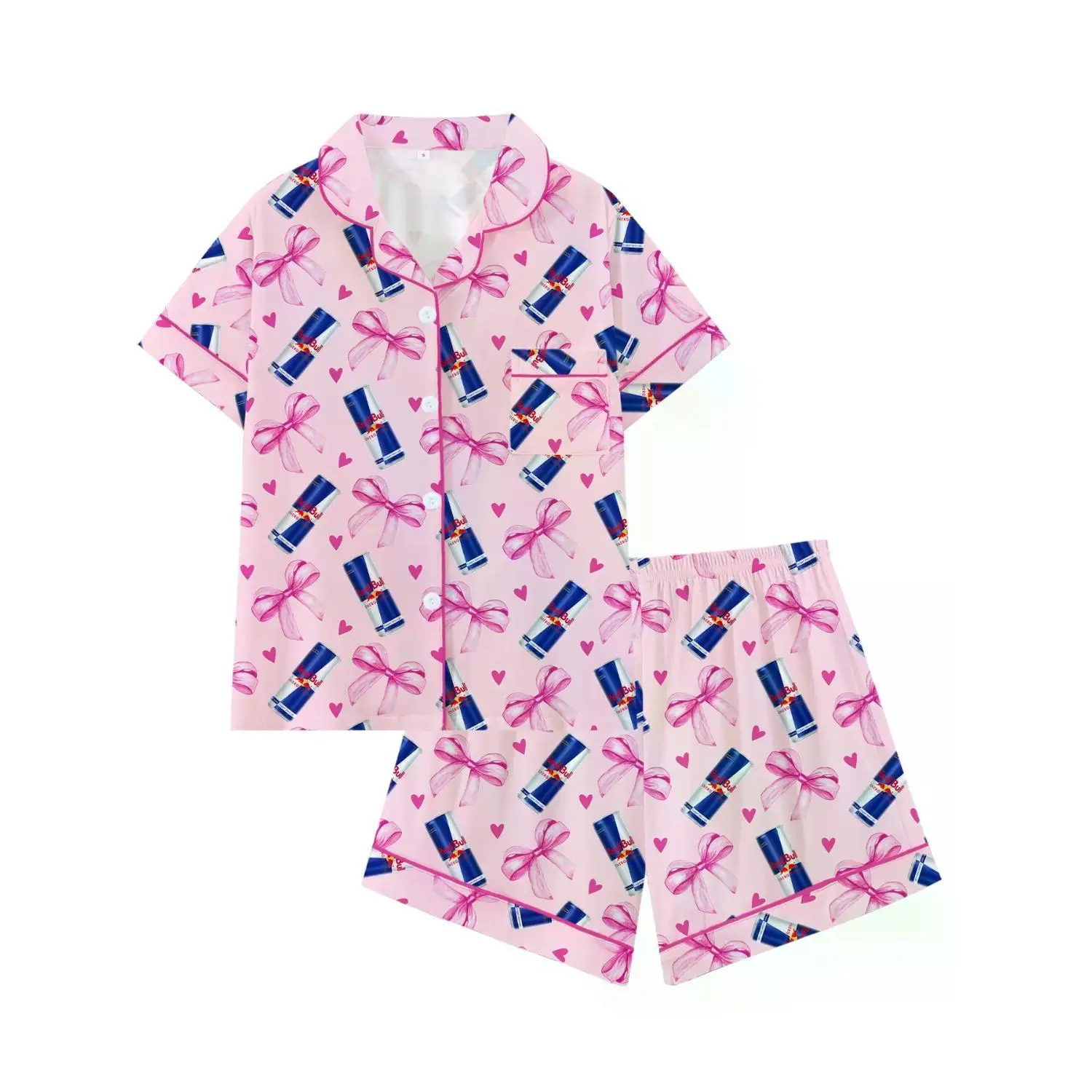 Coquette Aesthetic Pink Bow Pajama Set | Playful Energy Drink Graphic Print Sleepwear | Soft Knit Short Sleeve Button Down Lounge Set | Adorable 2-Piece Summer PJs | Unique Novelty Nightwear Gift for Teen Girls | Comfortable Loungewear