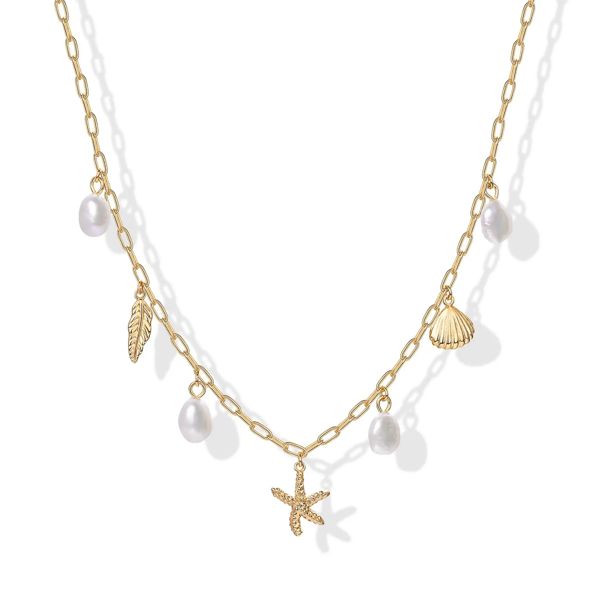 PAVOI 14K Gold Plated Coastal Charm Necklace for Women – Waterproof Stainless Steel Chunky Beach Necklace with Pearl, Seashell & Starfish – Trendy Gold Statement Summer Jewelry
