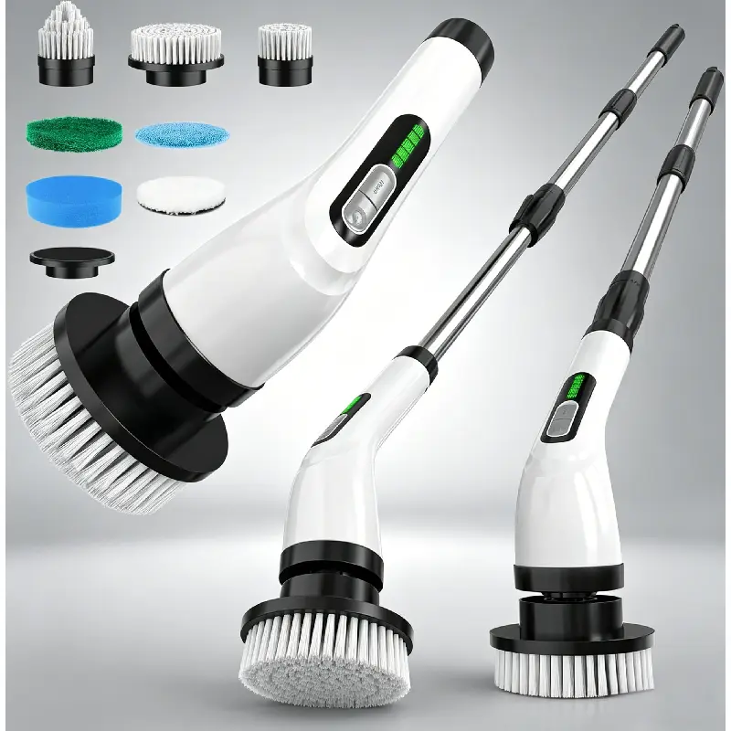 Cordless Electric Spin Scrubber with Rechargeable Battery, Telescopic Long Adjustable Anti-Slip Grip Rod, Replaceable Heads for Bathroom Tile Tub Sink Floor Household Cleaning Supplies, Telescopic Rod