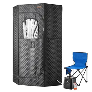 【Summervibes】VEVOR Upgraded Portable Steam Sauna for Home,  1 Person Full Body Home Spa Tent with Steamer & 1 Foldable Chairs & Remote & Essential Oil Box,Heavy-Duty Stainless Steel Sauna Box, (Black,Pentagon)