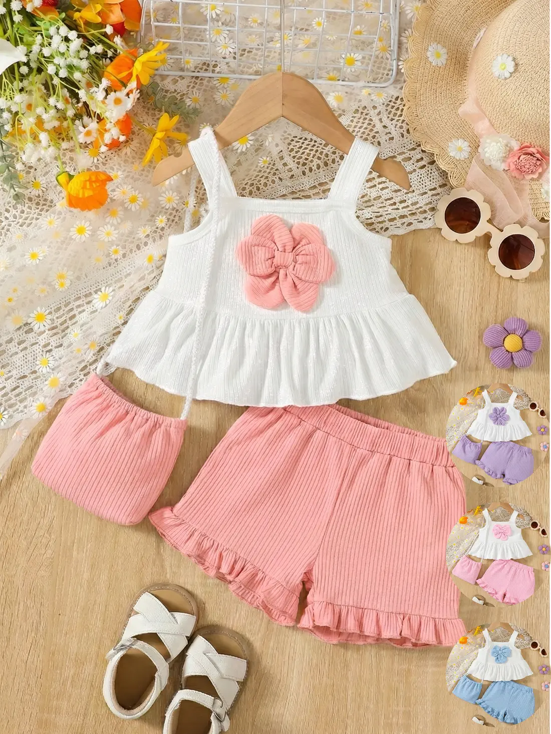 Ready Stock 6m-3y Toddler Girls Sweet 3-Piece Outfit White Ruffle Camisole with Pink Flower + Shorts + Headband Summer Clothing Set 22502072