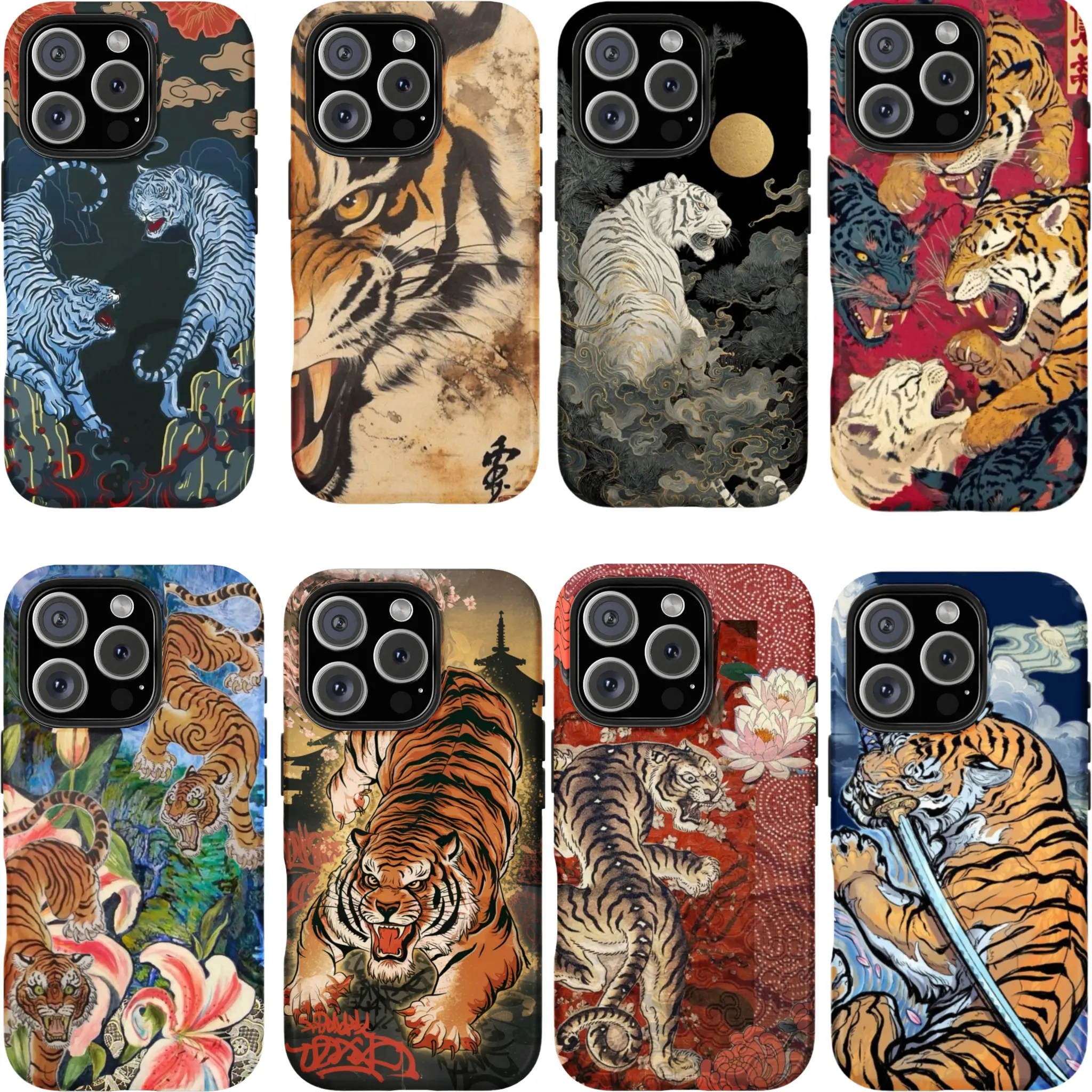 Vintage Traditional Chinese Tiger Collage Cellphone Case - Retro Asian Art Big Cat Aesthetic Durable Shockproof Protection Cover, Covey Studio Casing, Compatible with iPhone 11-17 Pro Max & Samsung S24-S26 Ultra Mobile Accessories