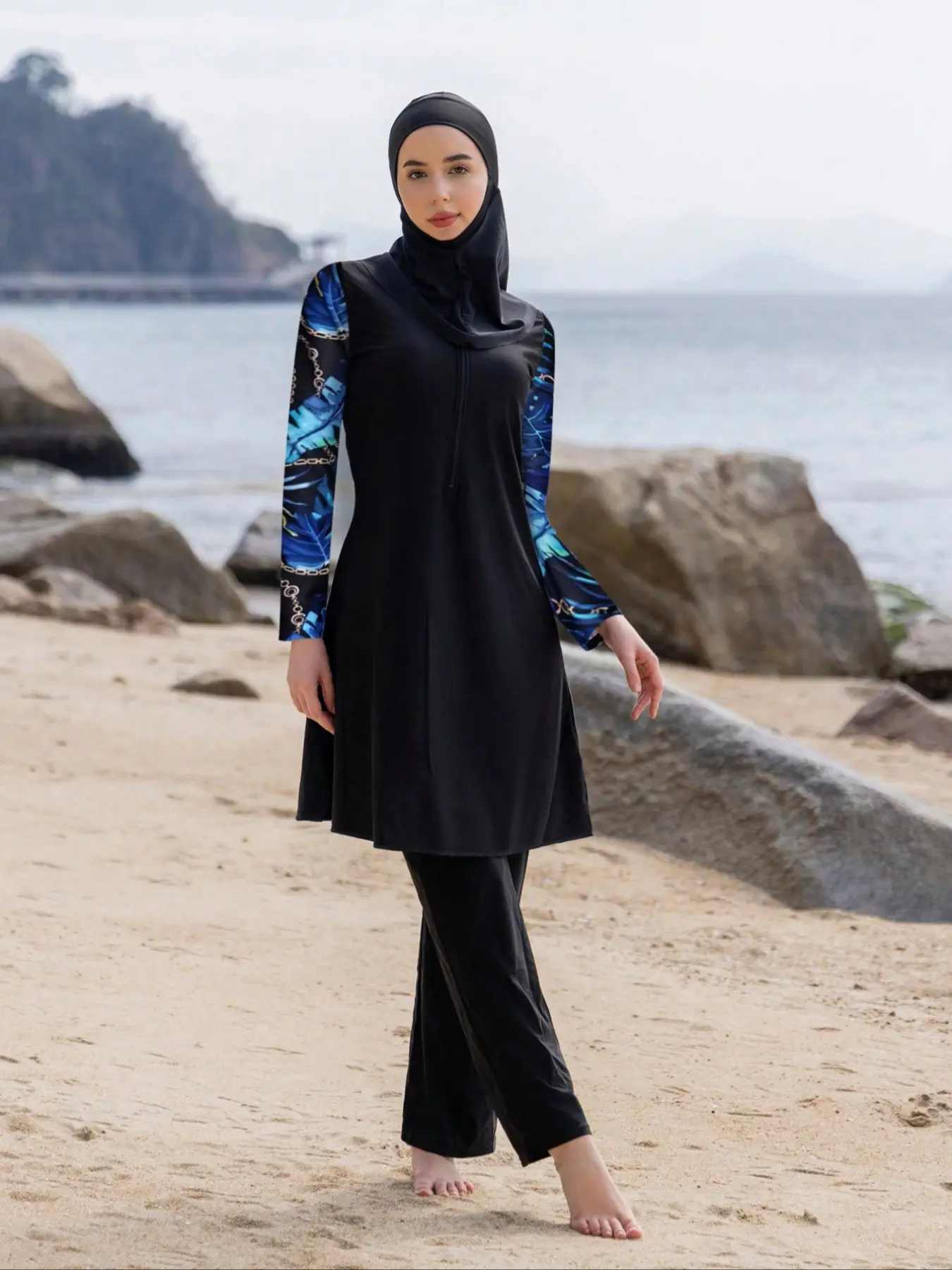 Women's Plants Print Long-Sleeve Swim Top & Bottom & Hat Islamic Swimwear Set, Modest Muslim Design, Casual Beach Vacation Printed Swimsuit, Modest Beach Swimsuits