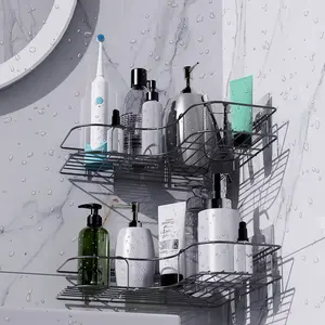 Corner Shower Caddy, 2 Pack Adhesive Shower Corner Organizer Shelves, No Drilling Stainless Steel Shower Storage Rack for Bathroom, Dorm and Kitchen, Black/White