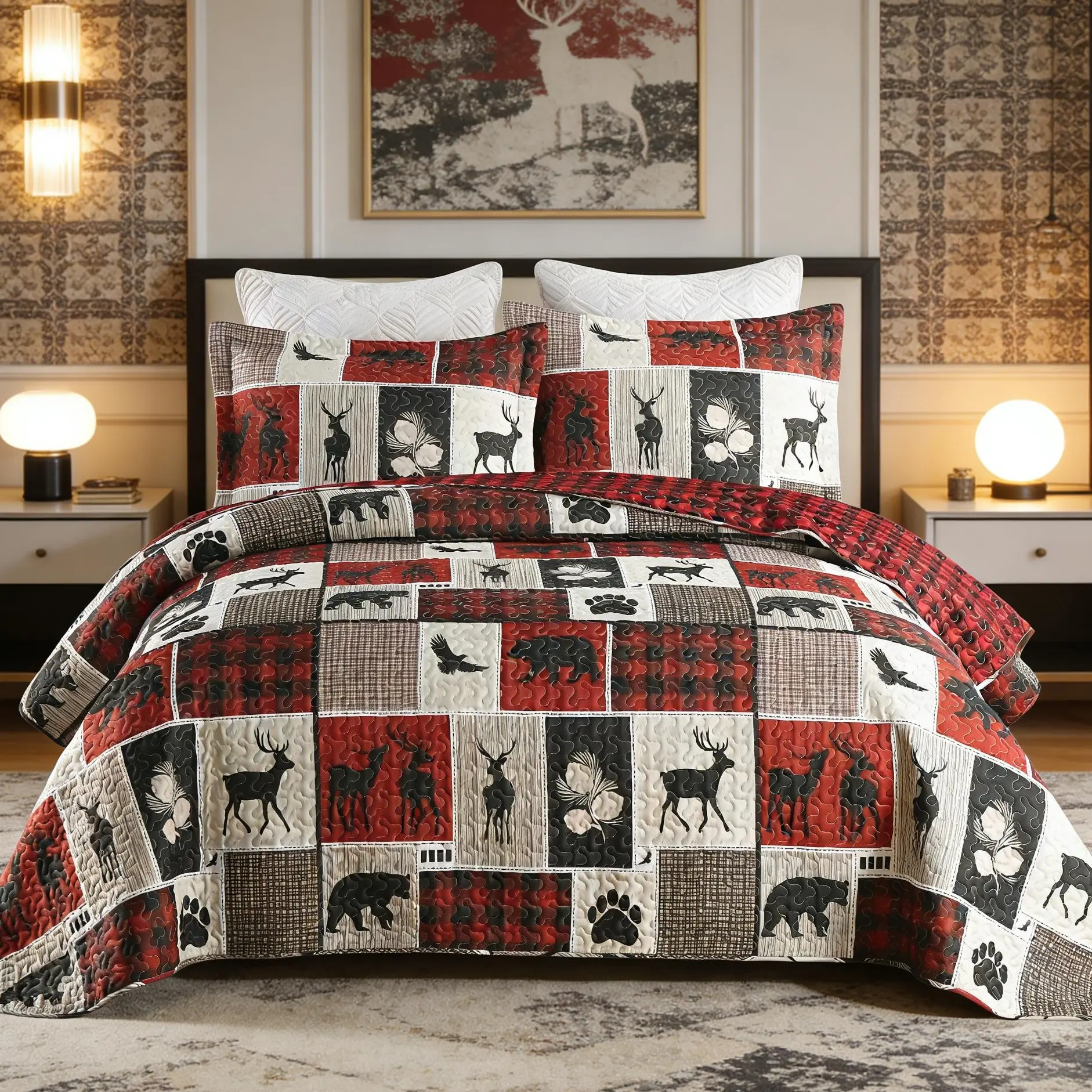 3 Pcs Rustic Cabin Wildlife Quilted Bedspread Set - Red Buffalo Plaid, Bear & Deer Patchwork Quilt Sets with Pillow Shams, Lodge-Style All-Season Bedding for Bedrooms, Bedding Queen Sets