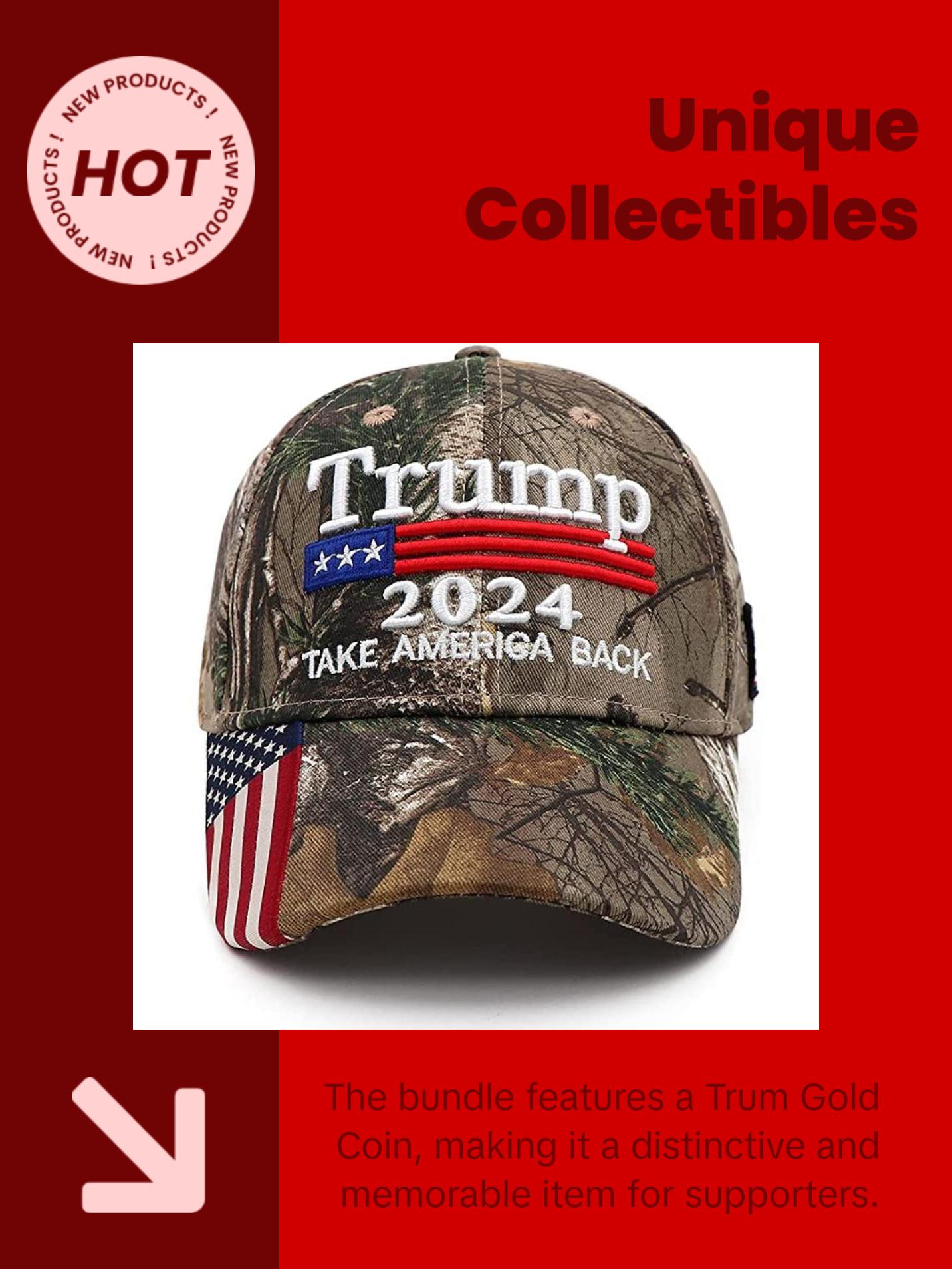 Trum 2024 All-In-One Bundle including socks, hat, banner, flag, multi-function pen, stickers, and coin