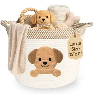 Golden Retriever & Labrador Dog Toy Basket (15”x11”) Large Cotton Rope Storage Bin w/ Puppy Patch + Handles — Organizer for Toys, Chew Bones, Leashes, Blankets, Grooming Supplies — Neutral Beige/White Living Room Decor (All Dogs)