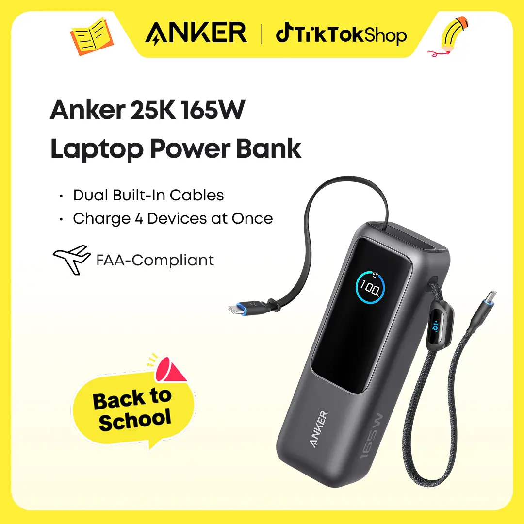 【Power Bank】Anker 165W 25,000mAh Laptop Power Bank, Portable Charger with Built-In Retractable USB-C Cable, 4-Device Fast Charging Battery Pack for Travel and Work,summerwins,FathersDayGift,#DealsForYouDays sohochic,back to school,back to school haul
