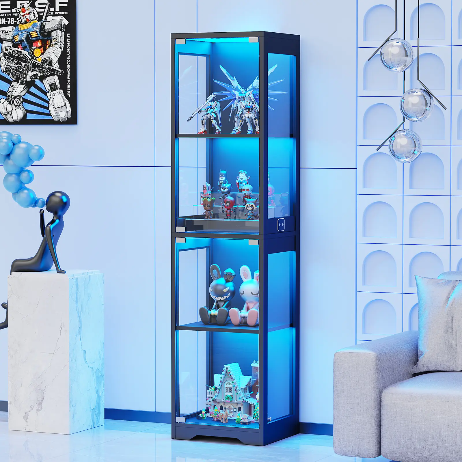 BROTTAR Display Cabinet with Glass Doors, 4-Tier Display Case with 3 Color Lights for Collectibles, Display Shelves with Human Body Sensor, Black